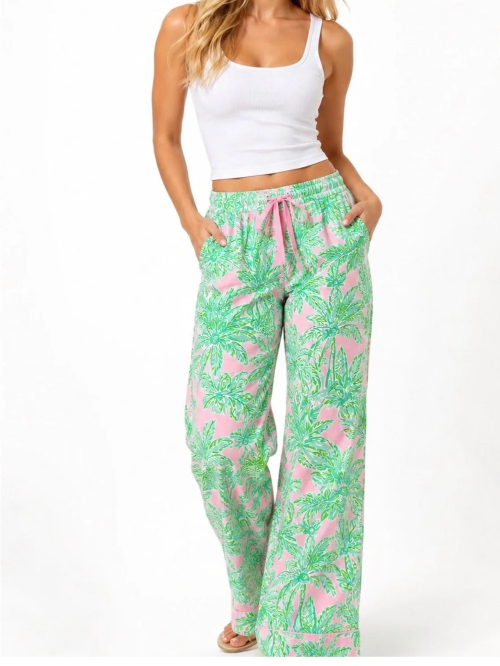 Lilly Pulitzer Pink Palm-Print Wide Leg Lounge/Pajama Pants